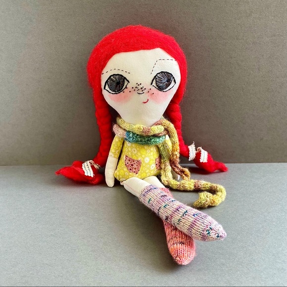 Red Haired Hand-Embroidered Fabric Art Doll - Picture 3 of 7